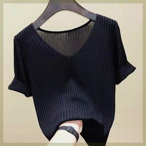 冰丝短袖T恤女装2024夏季新款韩版修身半袖V领针织打底衫上衣女潮