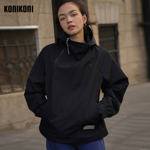 konikoni黑色户外运动机能冲锋衣防风防泼水跑步夹克女士梭织外套