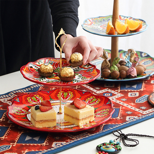 波西米亚陶瓷双层串盘创意北欧甜品台生日蛋糕架下午茶干果水果盘