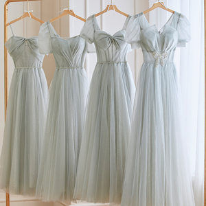 灰色伴娘服女2024新款夏季长款显瘦仙气质姐妹团礼服裙小众高级感