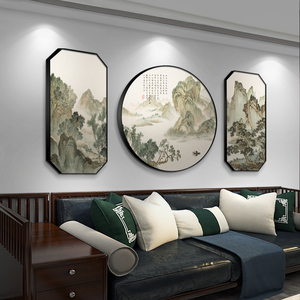 中国风挂画中式客厅沙发背景墙三联装饰画茶室红木沙发后面山水画