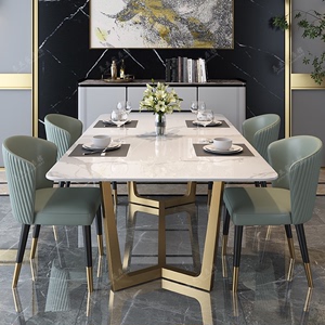 轻奢亮光岩板餐桌现代简约不锈钢高端饭桌椅意式大理石餐桌长方形
