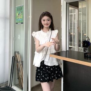 Niiieee韩系chic蕾丝边小飞袖衬衫女夏季小众设计小个子宽松上衣