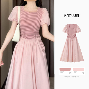 法式粉色条纹拼接短袖连衣裙子女夏季气质收腰显瘦泡泡袖方领长裙