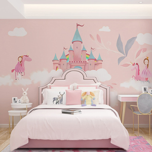 粉色卡通城堡墙纸 女孩卧室床头背景墙壁纸 公主房主题儿童房墙布