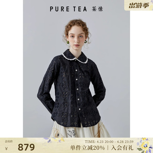 【雕空绣花】puretea茶愫娃娃领衬衫上衣女黑色衬衣2024年春新款