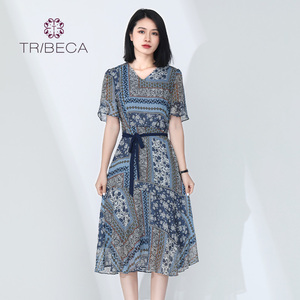 TRIBECA翠贝卡夏季商场同款女雪纺气质印花V领连衣裙