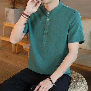潮牌夏季中国风立领短袖T恤衫男士美式潮流纯色亚麻冰丝体桖上衣
