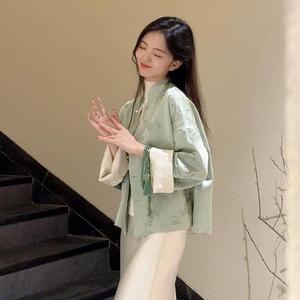 新中式国风绿色外套春装女款2024年新款小个子短款唐装宋锦上衣