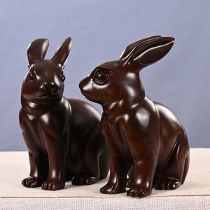 招财兔子摆件实木雕刻生肖兔装饰品风水木质木制可爱兔子工艺礼品