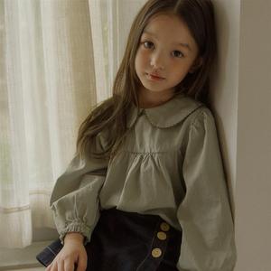 韩版童装春季新款森系女生织花领花苞袖长袖衬衣儿童女童棉质衬衫