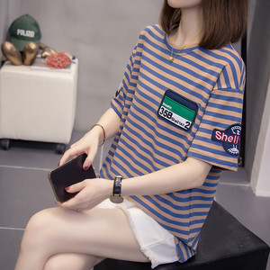 短袖t恤女夏季韩版新款宽松大码女装学生条纹半袖ins体恤上衣服潮