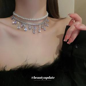 CAIFIRST巴洛克锆石珍珠镶钻水滴形吊坠项链时尚设计感颈链锁骨链