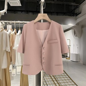 韩国粉色短袖西装外套女夏季薄款2024新款小个子短款气质休闲西服