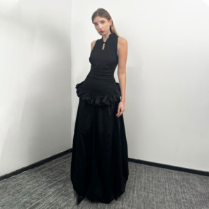 Jqwention原创设计独家新中式盘扣蓬蓬长裙黑色连衣裙裙子旗袍