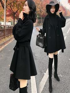 2024新款春季韩版赫本风呢子大衣女系带中长款薄款毛呢外套女黑色