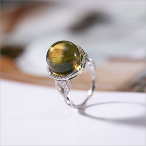天然墨西哥蓝珀戒指 925纯银波纹琥珀宝石开口指环时尚气质银手饰