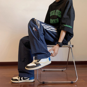 藏蓝色美式复古三杠条纹运动裤男夏季薄款速干冰丝hiphop工装裤子
