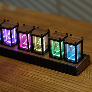 RGB拟辉光管时钟DIY套件创意电视柜电竞桌面摆件实木电子数字钟