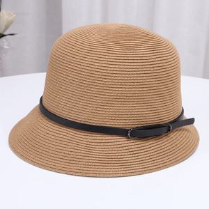 夏季休闲草帽子女皮带扣小沿盆帽法式复古遮阳渔夫帽可折叠太阳帽