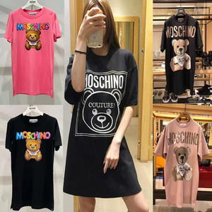 Moschino/莫斯奇诺t恤女24新款小熊中长款宽松休闲短袖圆领连衣裙