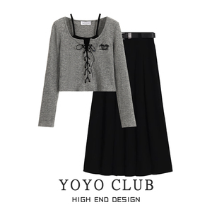 YOYO CLUB套装2024新款女装秋季甜辣妹假两件长袖t恤女百褶半身裙