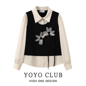 YOYO CLUB大码花朵衬衫假两件洋气上衣设计感女法式长袖春款女装