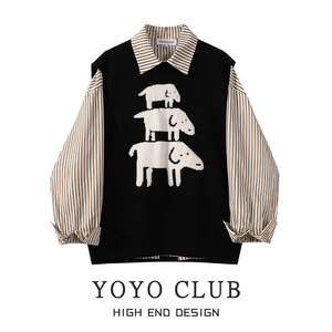 YOYO CLUB大码高级感条纹长袖衬衫春季叠穿马甲背心学院风套装女