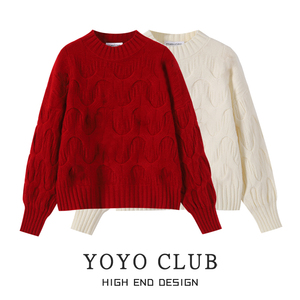 YOYO CLUB氛围感跨年红色毛衣冬季小个子显瘦套头针织衫短款上衣