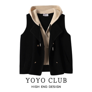 YOYO CLUB大码女装设计感连帽毛呢马甲外套冬季加厚叠穿马夹上衣