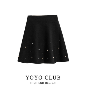YOYO CLUB大码女装设计感钉珠针织半身裙秋冬胖mm遮胯显瘦A字裙子