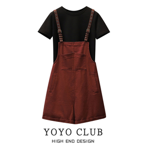 YOYO CLUB大码女装基础款正肩T恤盐甜系穿搭两件套装夏季背带短裤
