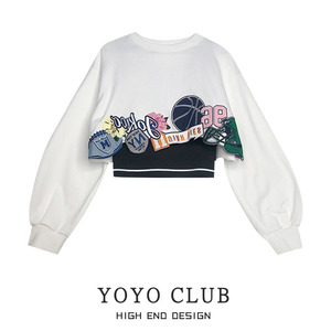 YOYO CLUB大码女装新款春季复古印花宽松长袖卫衣短款小背心套装