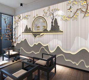 3d立体新中式山水客厅茶室装饰壁纸办公室直播间背景墙养生馆壁画