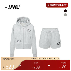 林允同款VWL刺绣LOGO连帽超短套装宽松女卫衣卫裤运动休闲格雷