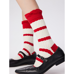 亮眼吸睛｜YANGMA袜子女新年红色中筒袜花边堆堆袜本命年红色袜子