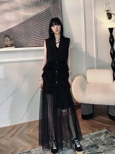 法式黑色拼接网纱无袖连衣裙女夏季气质高级感别致洋气长款西装裙