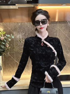 新中式国风盘扣长袖衬衫女秋冬修身黑色打底衫设计感气质花纹上衣