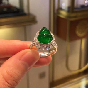 天然玉髓玻璃种帝王绿葫芦戒指女S925银镶嵌伴钻精美时尚活口指环