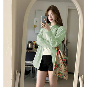 韩版薄荷绿色长袖衬衫外套新款女生轻奢高级感夏季宽松防晒衫上衣
