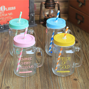 韩国创意吸管梅森个性水杯子柠檬果汁把子杯带盖透明玻璃字母