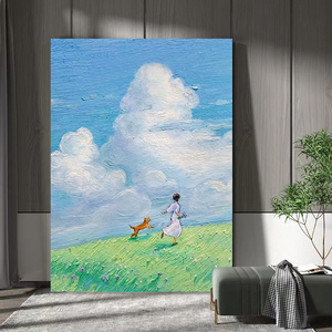 蓝天白云肌理画莫兰迪手绘油画儿童房装饰画小众艺术玄关客厅挂画