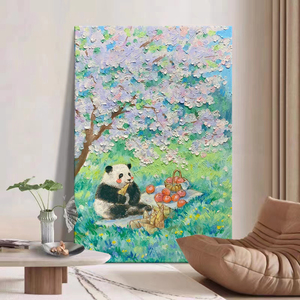 抽象风景手绘油画卡通大熊猫客厅装饰画奶油风儿童房花卉肌理挂画