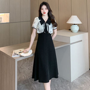 夏季新款复古新中式国风气质套装印花短开衫黑色吊带裙优雅两件套