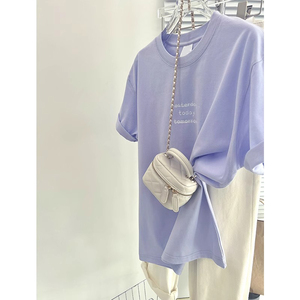 淡紫色纯棉短袖T恤女夏季圆领韩系时尚百搭宽松大版多巴胺上衣