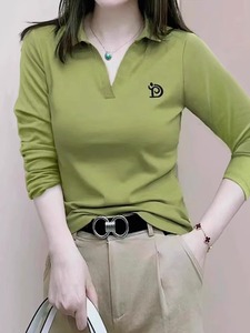 Polo领长袖t恤女士秋冬新款洋气减龄刺绣欧洲站体恤纯棉绿色上衣