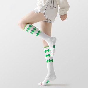 绿色菱格小腿袜女毛巾底白色压力袜专业跑步运动袜格纹高筒长袜