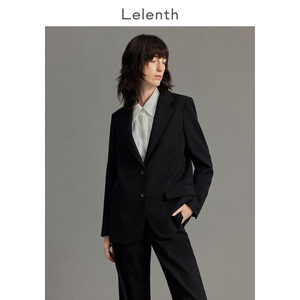 Lelenth 简约廓形黑色西装套装女春职业装休闲通勤西服外套中长款