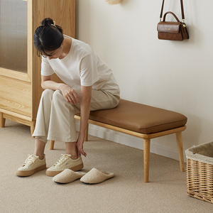 日式实木入户换鞋凳家用门口极简小长凳北欧小户型科技布沙发凳子