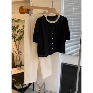 黑色蕾丝花边短袖衬衫女夏季法式设计感小众高级感薄款泡泡袖上衣